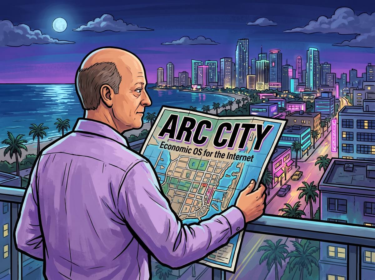 Overlooking Arc City at night with the city map